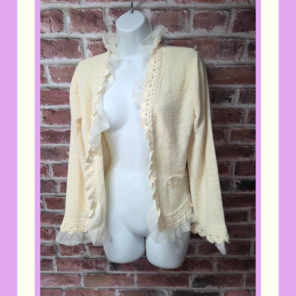 Curio Cardigan S | Vintage 80s Cream Knit Chiffon Ruffle Coquette Cottagecore